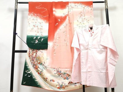 平和屋着物[]七五三　女の子　７歳　祝着　四つ身　長襦袢(単衣)セット　駒刺繍　御所車花鳥文　暈し染め　金銀彩　逸品　DABG3319ma