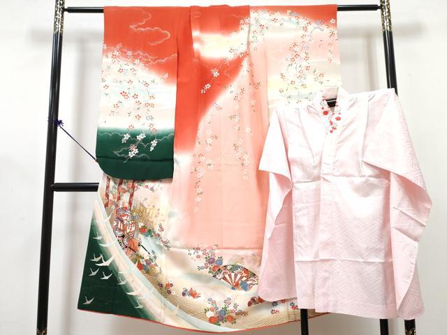 平和屋着物[]七五三　女の子　７歳　祝着　四つ身　長襦袢(単衣)セット　駒刺繍　御所車花鳥文　暈し染め　金銀彩　逸品　DABG3319ma