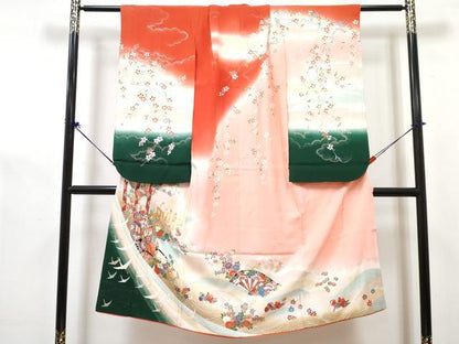 平和屋着物[]七五三　女の子　７歳　祝着　四つ身　長襦袢(単衣)セット　駒刺繍　御所車花鳥文　暈し染め　金銀彩　逸品　DABG3319ma