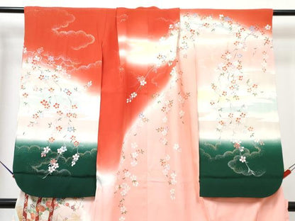 平和屋着物[]七五三　女の子　７歳　祝着　四つ身　長襦袢(単衣)セット　駒刺繍　御所車花鳥文　暈し染め　金銀彩　逸品　DABG3319ma