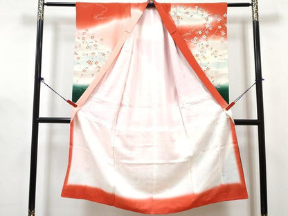 平和屋着物[]七五三　女の子　７歳　祝着　四つ身　長襦袢(単衣)セット　駒刺繍　御所車花鳥文　暈し染め　金銀彩　逸品　DABG3319ma