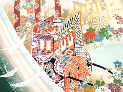平和屋着物[]七五三　女の子　７歳　祝着　四つ身　長襦袢(単衣)セット　駒刺繍　御所車花鳥文　暈し染め　金銀彩　逸品　DABG3319ma