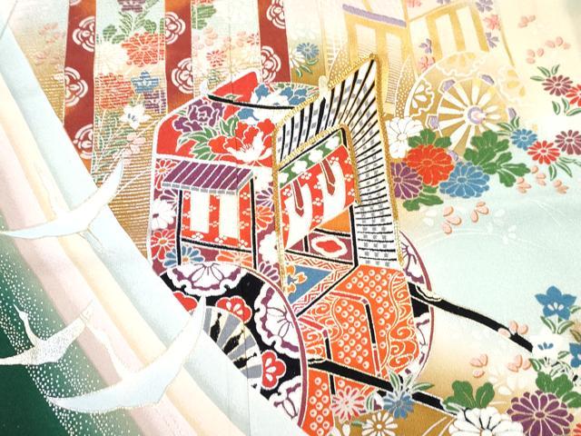 平和屋着物[]七五三　女の子　７歳　祝着　四つ身　長襦袢(単衣)セット　駒刺繍　御所車花鳥文　暈し染め　金銀彩　逸品　DABG3319ma