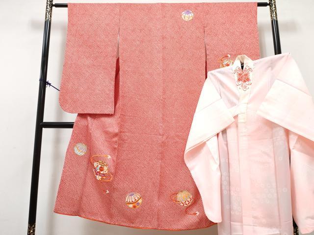平和屋着物[]七五三　女の子　７歳　祝着　四つ身　長襦袢(無双仕立て・半衿刺繍)セット　刺繍　総絞り　鞠花文　金糸　逸品　DABG3322ma