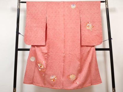 平和屋着物[]七五三　女の子　７歳　祝着　四つ身　長襦袢(無双仕立て・半衿刺繍)セット　刺繍　総絞り　鞠花文　金糸　逸品　DABG3322ma
