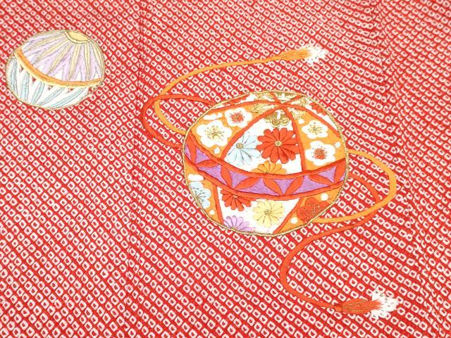 平和屋着物[]七五三　女の子　７歳　祝着　四つ身　長襦袢(無双仕立て・半衿刺繍)セット　刺繍　総絞り　鞠花文　金糸　逸品　DABG3322ma