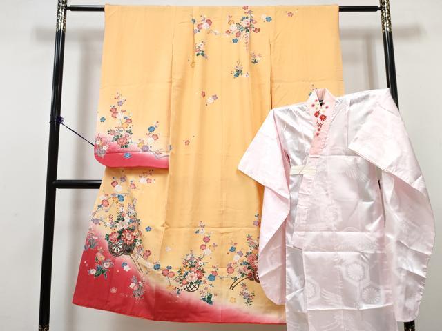 平和屋着物[]七五三　女の子　７歳　祝着　四つ身　襦袢(単衣・半衿刺繍)セット　花車文　暈し染め　金銀彩　逸品　DABG3323ma