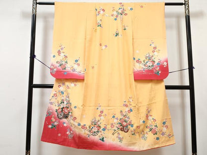 平和屋着物[]七五三　女の子　７歳　祝着　四つ身　襦袢(単衣・半衿刺繍)セット　花車文　暈し染め　金銀彩　逸品　DABG3323ma