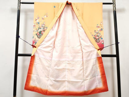 平和屋着物[]七五三　女の子　７歳　祝着　四つ身　襦袢(単衣・半衿刺繍)セット　花車文　暈し染め　金銀彩　逸品　DABG3323ma