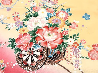 平和屋着物[]七五三　女の子　７歳　祝着　四つ身　襦袢(単衣・半衿刺繍)セット　花車文　暈し染め　金銀彩　逸品　DABG3323ma