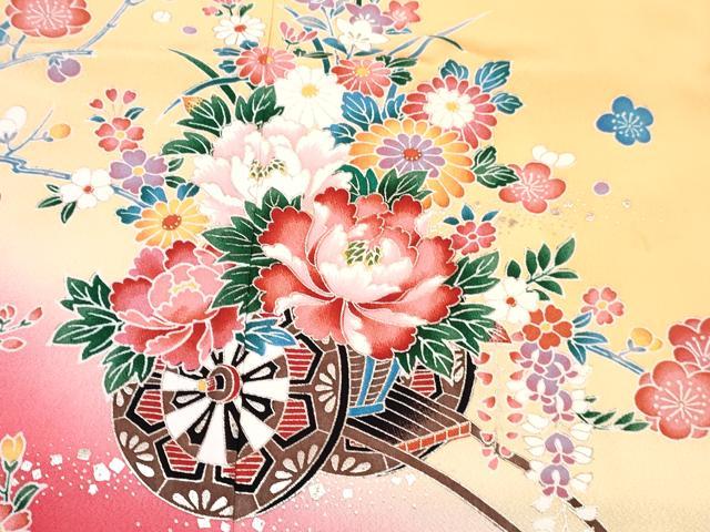 平和屋着物[]七五三　女の子　７歳　祝着　四つ身　襦袢(単衣・半衿刺繍)セット　花車文　暈し染め　金銀彩　逸品　DABG3323ma