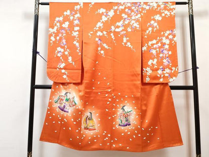 平和屋着物[]七五三　女の子　７歳　祝着　四つ身　襦袢(無双仕立て・半衿刺繍)セット　童子　枝梅　暈し染め　金彩　逸品　DABG3324ma