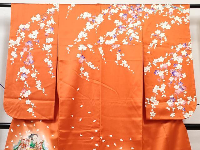 平和屋着物[]七五三　女の子　７歳　祝着　四つ身　襦袢(無双仕立て・半衿刺繍)セット　童子　枝梅　暈し染め　金彩　逸品　DABG3324ma