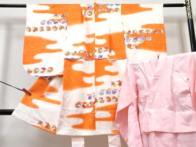 平和屋着物[]七五三　女の子　３歳　祝着　三つ身　長襦袢(袷)セット　霞花鞠文　暈し染め　金彩　逸品　DABG3326ma