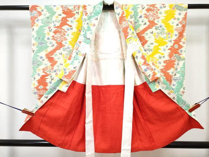 平和屋着物[]七五三　女の子　３歳　祝着　三つ身　被布セット　型染　流水花文　逸品　DABG3327ma