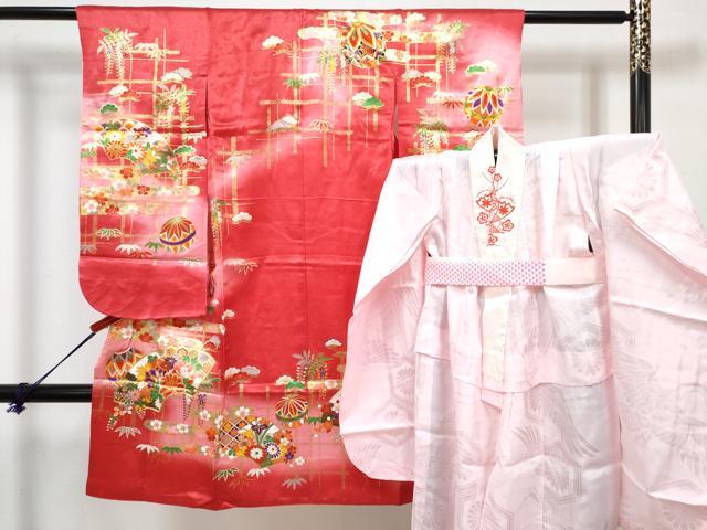 平和屋着物[]七五三　女の子　３歳　祝着　三つ身　長襦袢(単衣・半衿刺繍)セット　駒刺繍　地紙鞠花文　暈し染め　金彩　DABG3328ma