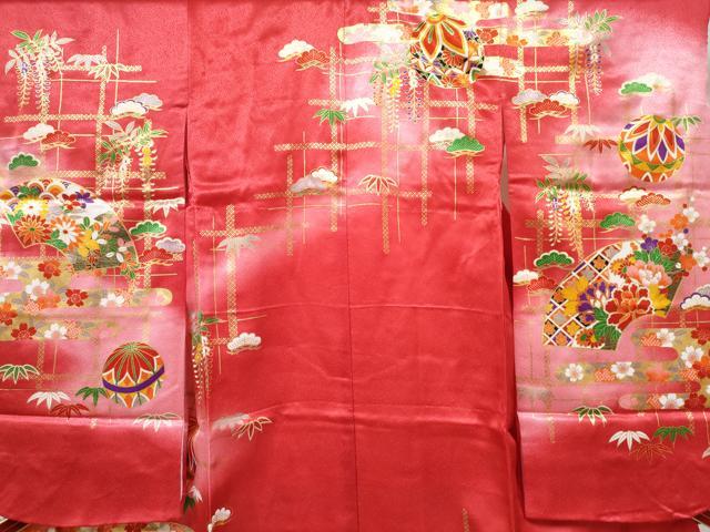 平和屋着物[]七五三　女の子　３歳　祝着　三つ身　長襦袢(単衣・半衿刺繍)セット　駒刺繍　地紙鞠花文　暈し染め　金彩　DABG3328ma