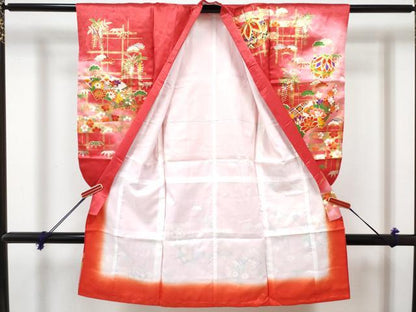 平和屋着物[]七五三　女の子　３歳　祝着　三つ身　長襦袢(単衣・半衿刺繍)セット　駒刺繍　地紙鞠花文　暈し染め　金彩　DABG3328ma