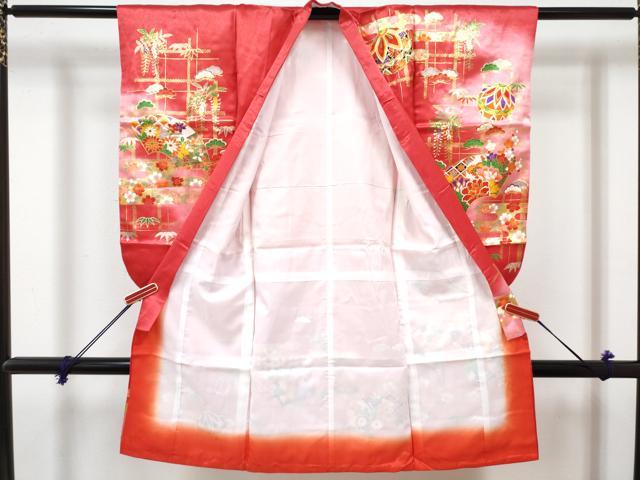 平和屋着物[]七五三　女の子　３歳　祝着　三つ身　長襦袢(単衣・半衿刺繍)セット　駒刺繍　地紙鞠花文　暈し染め　金彩　DABG3328ma