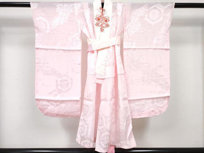 平和屋着物[]七五三　女の子　３歳　祝着　三つ身　長襦袢(単衣・半衿刺繍)セット　駒刺繍　地紙鞠花文　暈し染め　金彩　DABG3328ma