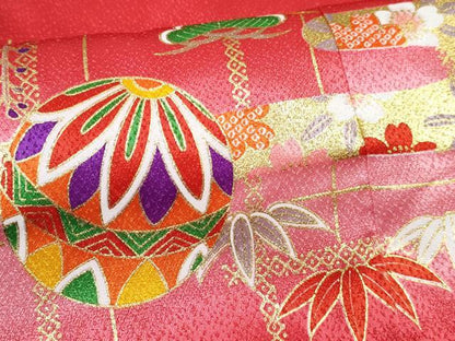 平和屋着物[]七五三　女の子　３歳　祝着　三つ身　長襦袢(単衣・半衿刺繍)セット　駒刺繍　地紙鞠花文　暈し染め　金彩　DABG3328ma