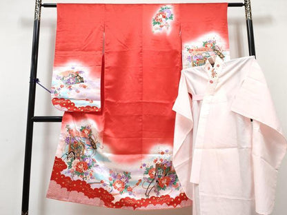 平和屋着物[]七五三　女の子　７歳　祝着　四つ身　長襦袢(単衣・半衿刺繍)セット　駒刺繍　御所車花文　暈し染め　金彩　DABG3330ma