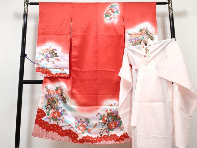 平和屋着物[]七五三　女の子　７歳　祝着　四つ身　長襦袢(単衣・半衿刺繍)セット　駒刺繍　御所車花文　暈し染め　金彩　DABG3330ma