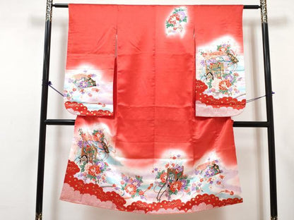 平和屋着物[]七五三　女の子　７歳　祝着　四つ身　長襦袢(単衣・半衿刺繍)セット　駒刺繍　御所車花文　暈し染め　金彩　DABG3330ma