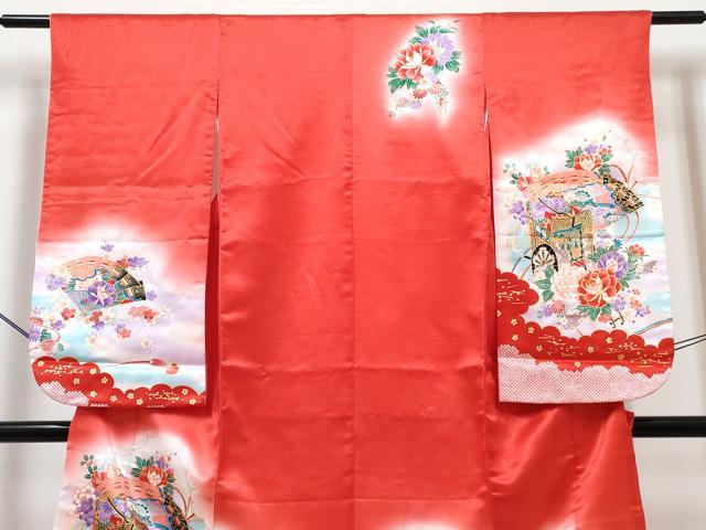 平和屋着物[]七五三　女の子　７歳　祝着　四つ身　長襦袢(単衣・半衿刺繍)セット　駒刺繍　御所車花文　暈し染め　金彩　DABG3330ma