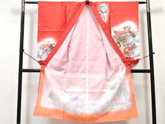 平和屋着物[]七五三　女の子　７歳　祝着　四つ身　長襦袢(単衣・半衿刺繍)セット　駒刺繍　御所車花文　暈し染め　金彩　DABG3330ma
