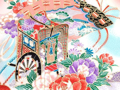 平和屋着物[]七五三　女の子　７歳　祝着　四つ身　長襦袢(単衣・半衿刺繍)セット　駒刺繍　御所車花文　暈し染め　金彩　DABG3330ma