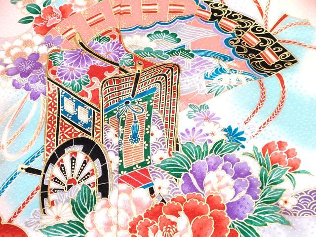 平和屋着物[]七五三　女の子　７歳　祝着　四つ身　長襦袢(単衣・半衿刺繍)セット　駒刺繍　御所車花文　暈し染め　金彩　DABG3330ma