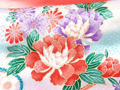 平和屋着物[]七五三　女の子　７歳　祝着　四つ身　長襦袢(単衣・半衿刺繍)セット　駒刺繍　御所車花文　暈し染め　金彩　DABG3330ma
