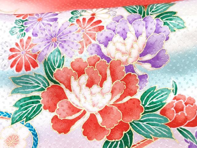 平和屋着物[]七五三　女の子　７歳　祝着　四つ身　長襦袢(単衣・半衿刺繍)セット　駒刺繍　御所車花文　暈し染め　金彩　DABG3330ma