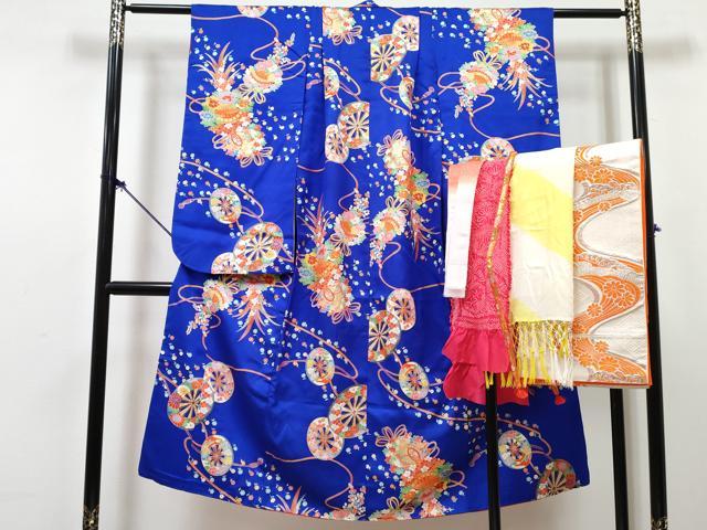 平和屋着物[]七五三　女の子　７歳　祝着　四つ身　袋帯・小物セット　檜扇源氏車花文　金彩　逸品　DABG3337ma