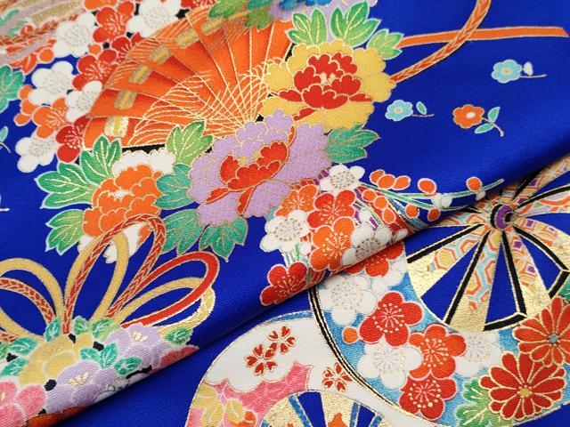 平和屋着物[]七五三　女の子　７歳　祝着　四つ身　袋帯・小物セット　檜扇源氏車花文　金彩　逸品　DABG3337ma