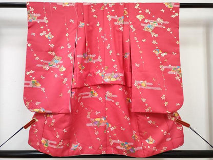 平和屋着物[]七五三　女の子　３歳　祝着　三つ身　被布セット　エ霞扇面花文　金彩　洗える着物　DABG3338ma