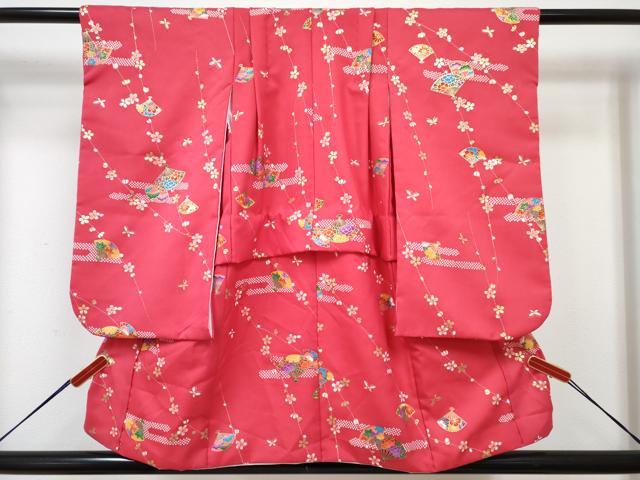 平和屋着物[]七五三　女の子　３歳　祝着　三つ身　被布セット　エ霞扇面花文　金彩　洗える着物　DABG3338ma