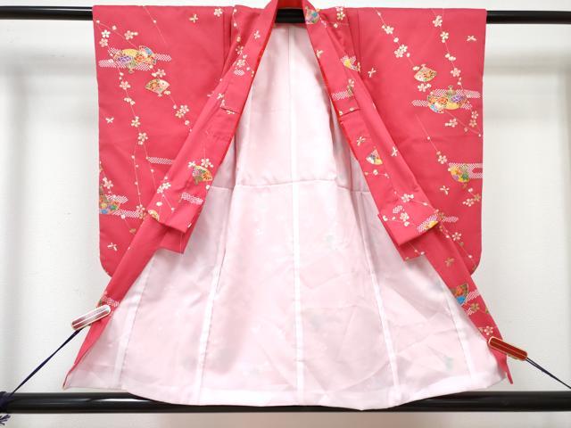 平和屋着物[]七五三　女の子　３歳　祝着　三つ身　被布セット　エ霞扇面花文　金彩　洗える着物　DABG3338ma