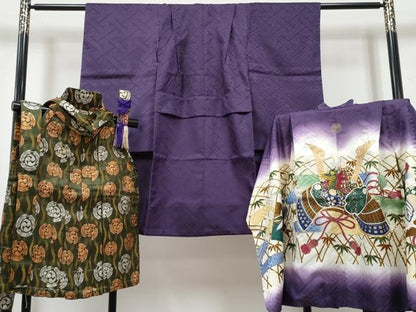 平和屋着物[]七五三　男の子　祝着・羽織・行灯袴・帯・懐剣セット　駒刺繍　葡萄色　龍　兜　笹竹文　暈し染め　金彩　DABG3366ma