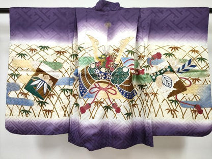 平和屋着物[]七五三　男の子　祝着・羽織・行灯袴・帯・懐剣セット　駒刺繍　葡萄色　龍　兜　笹竹文　暈し染め　金彩　DABG3366ma