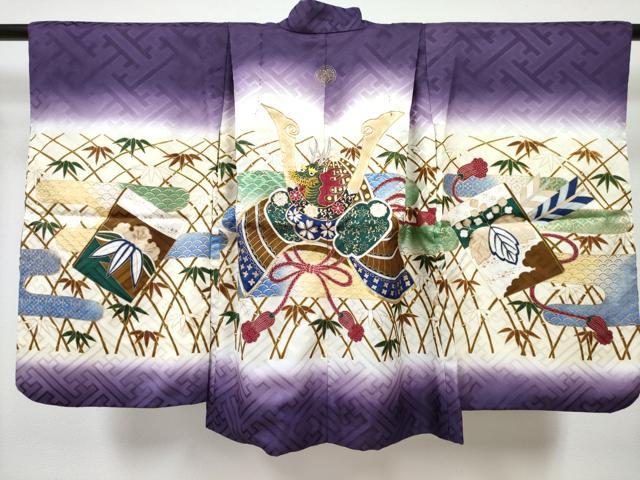 平和屋着物[]七五三　男の子　祝着・羽織・行灯袴・帯・懐剣セット　駒刺繍　葡萄色　龍　兜　笹竹文　暈し染め　金彩　DABG3366ma