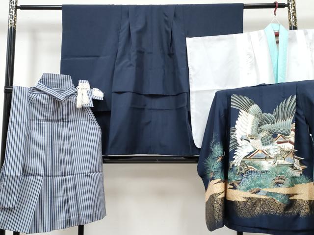 平和屋着物[]七五三　男の子　祝着・羽織・長襦袢(単衣)・行灯袴・セット　鷹　鷲　風景松文　金彩　DABG3367ma