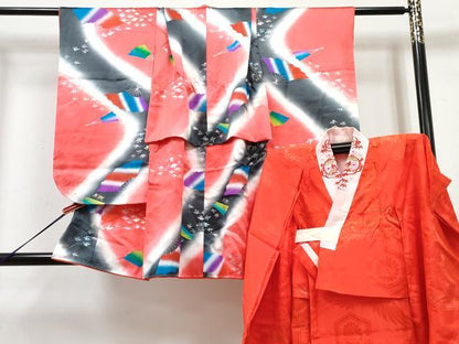 平和屋着物[]七五三　女の子　３歳　祝着　三つ身　長襦袢(無双仕立て)セット　折り鶴　扇面散　暈し染め　金銀彩　逸品　DABG3373ma