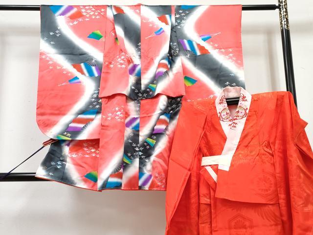 平和屋着物[]七五三　女の子　３歳　祝着　三つ身　長襦袢(無双仕立て)セット　折り鶴　扇面散　暈し染め　金銀彩　逸品　DABG3373ma