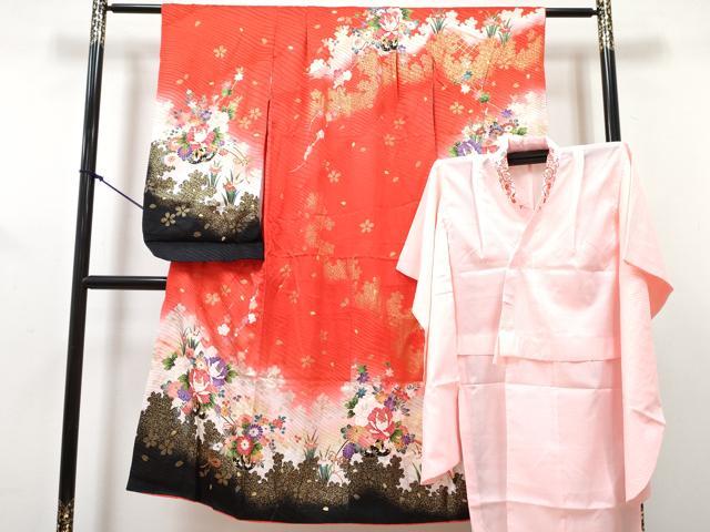平和屋着物[]七五三　女の子　７歳　祝着　四つ身　長襦袢(無双仕立て・半衿刺繍)セット　花車文　暈し染め　金銀彩　逸品　DABG3374ma