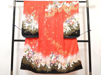平和屋着物[]七五三　女の子　７歳　祝着　四つ身　長襦袢(無双仕立て・半衿刺繍)セット　花車文　暈し染め　金銀彩　逸品　DABG3374ma