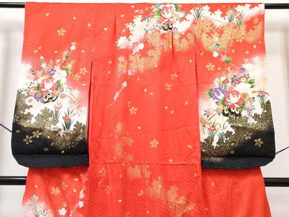 平和屋着物[]七五三　女の子　７歳　祝着　四つ身　長襦袢(無双仕立て・半衿刺繍)セット　花車文　暈し染め　金銀彩　逸品　DABG3374ma