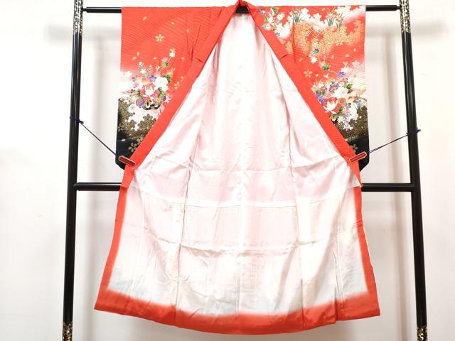 平和屋着物[]七五三　女の子　７歳　祝着　四つ身　長襦袢(無双仕立て・半衿刺繍)セット　花車文　暈し染め　金銀彩　逸品　DABG3374ma
