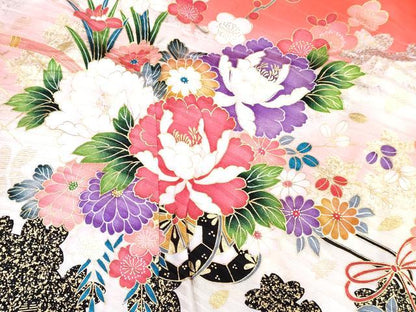 平和屋着物[]七五三　女の子　７歳　祝着　四つ身　長襦袢(無双仕立て・半衿刺繍)セット　花車文　暈し染め　金銀彩　逸品　DABG3374ma